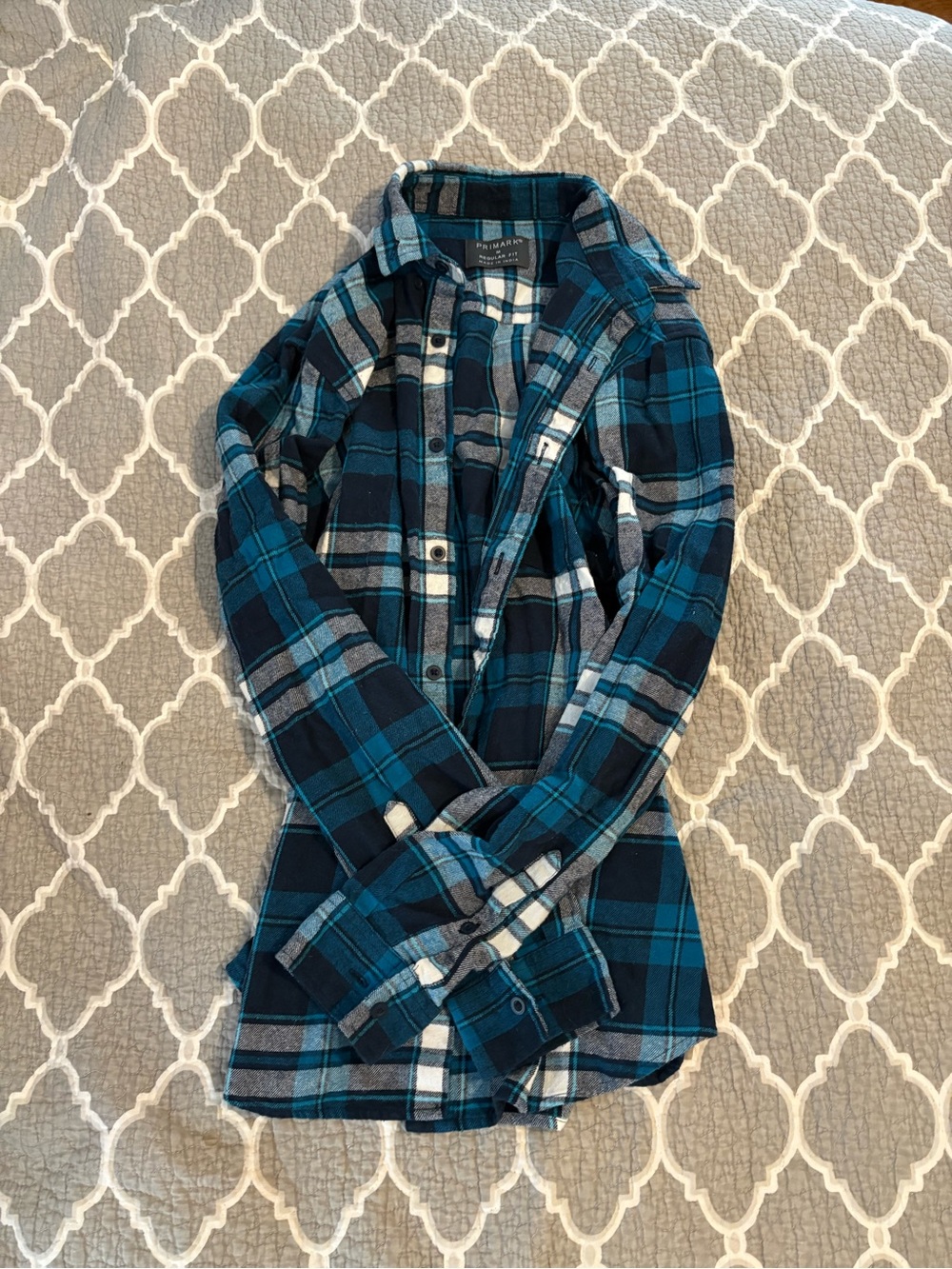 Primark Blue and White Plaid Button-Down Shirt
